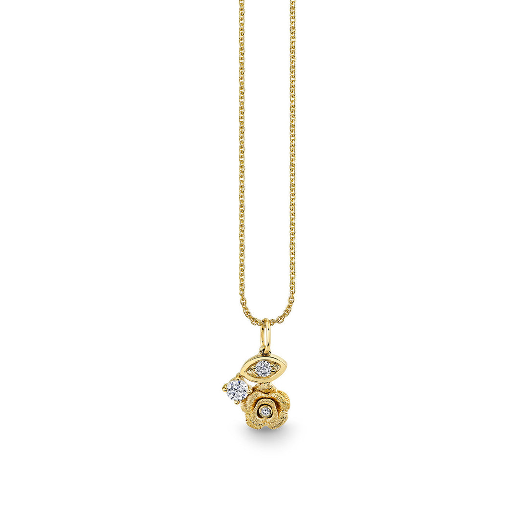 14K YELLOW GOLD LARGE MARQUIS EYE DIAMOND ROSE CHARM ON 18" LIGHT TIFFANY CHAIN