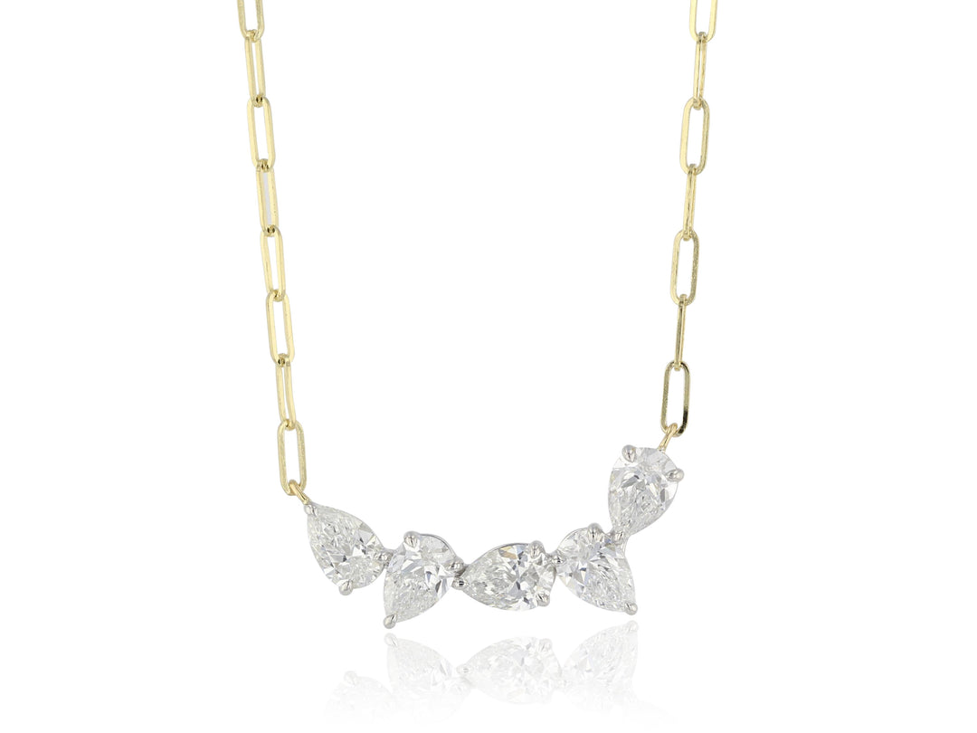 18k yellow gold and Platinum Diamond 5 Pear Necklace, 5 Pear Shape Diamond, 1.50tcw