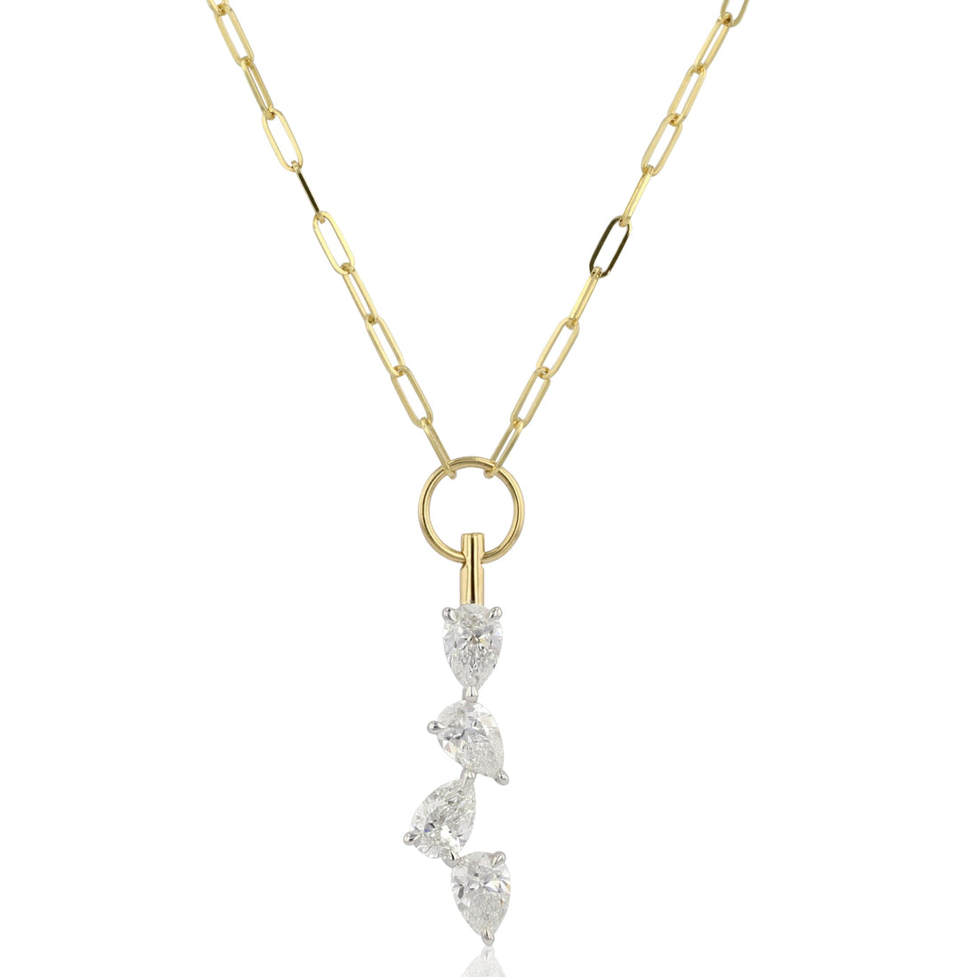 18k yellow gold platinum Four Pear Drop Necklace. 4 Pear Shape Diamonds, 1.20tcw