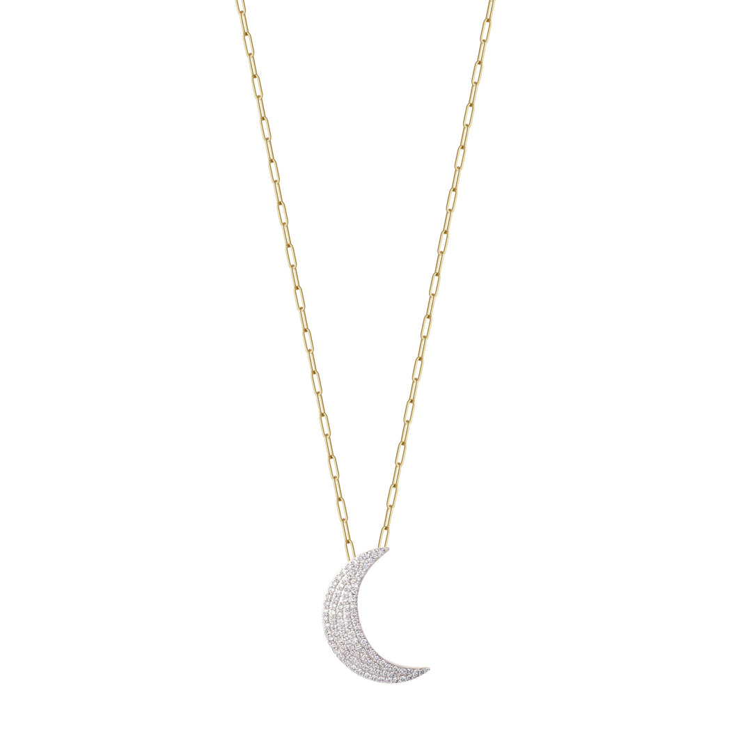 Yellow Gold and Diamond Crescent Moon 22mm Necklace: 96 Diamonds; 0.43tcw