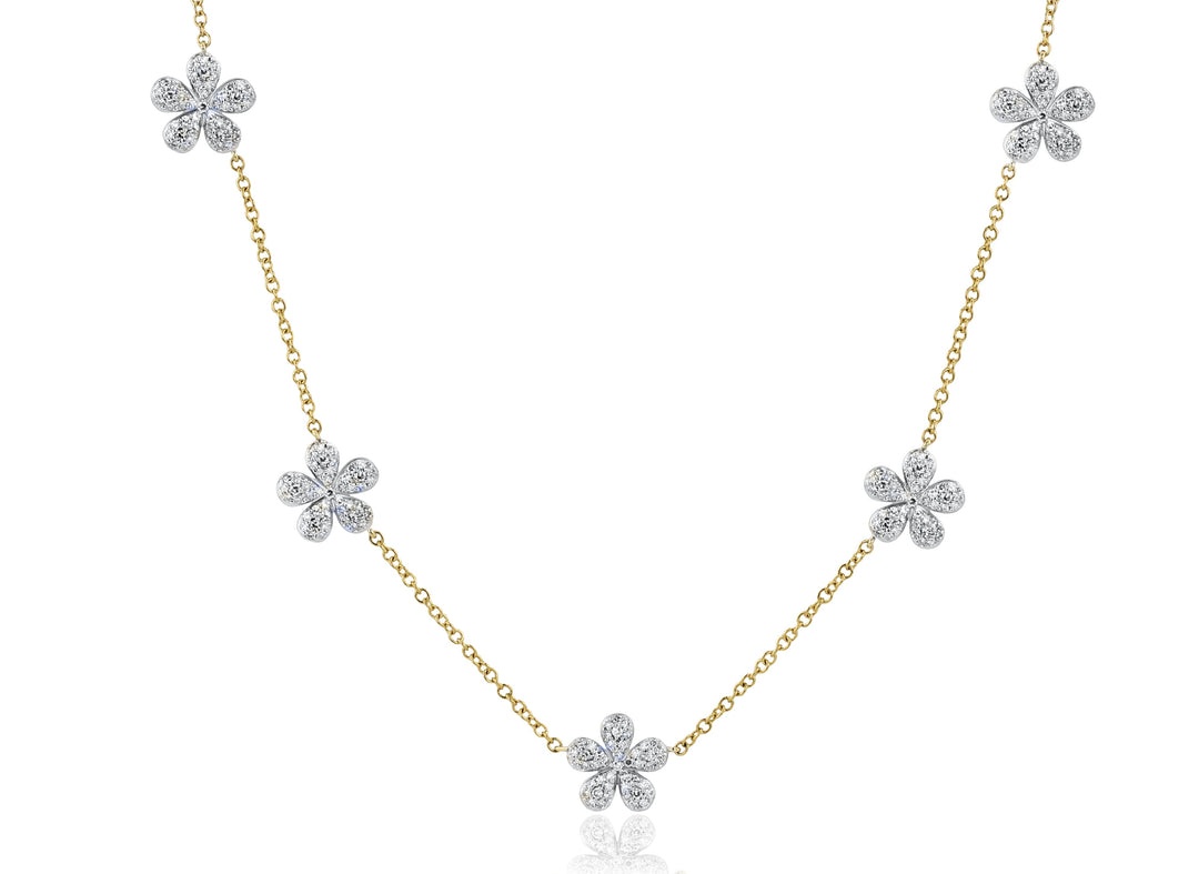 Yellow Gold Diamond 5 Station Forget-Me-Not Petite Pave Necklace: 230 Diamonds; 1.16tcw