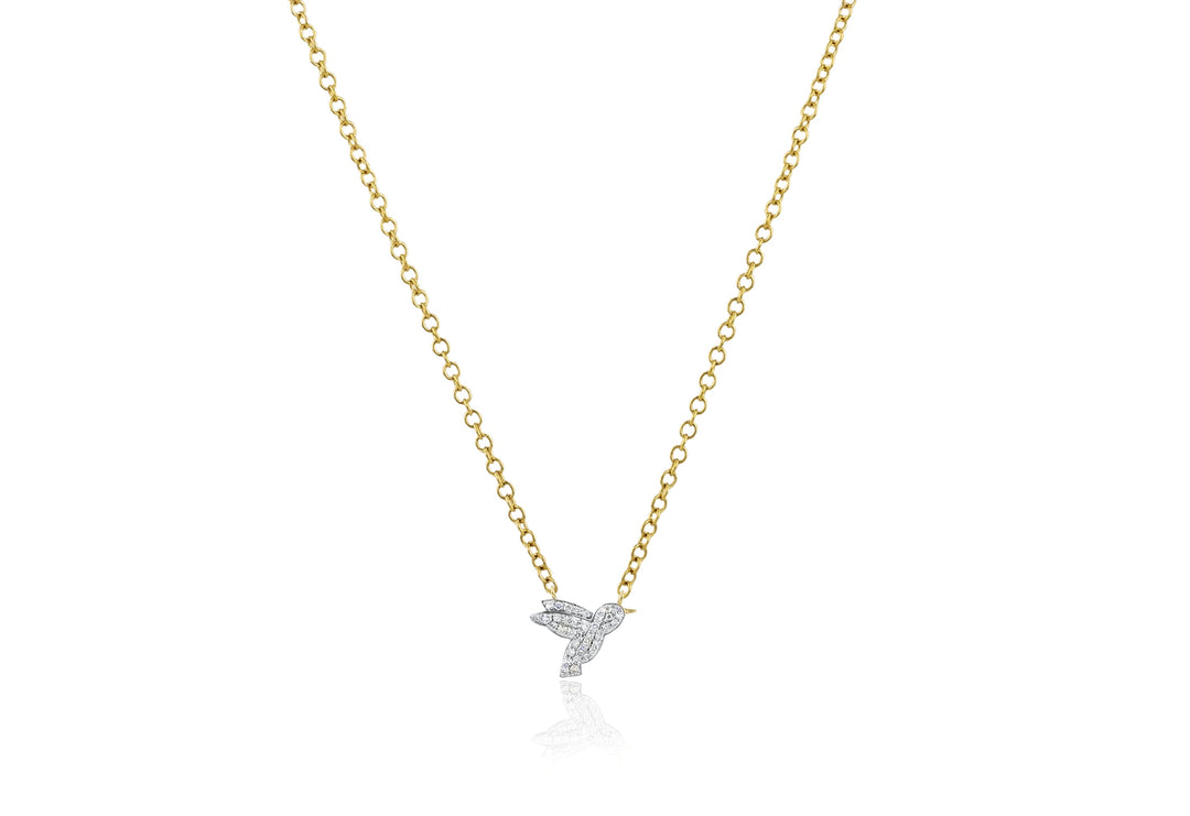 Yellow Gold and Diamond Petite Hummingbird Necklace: 36 Diamonds; 0.16tcw