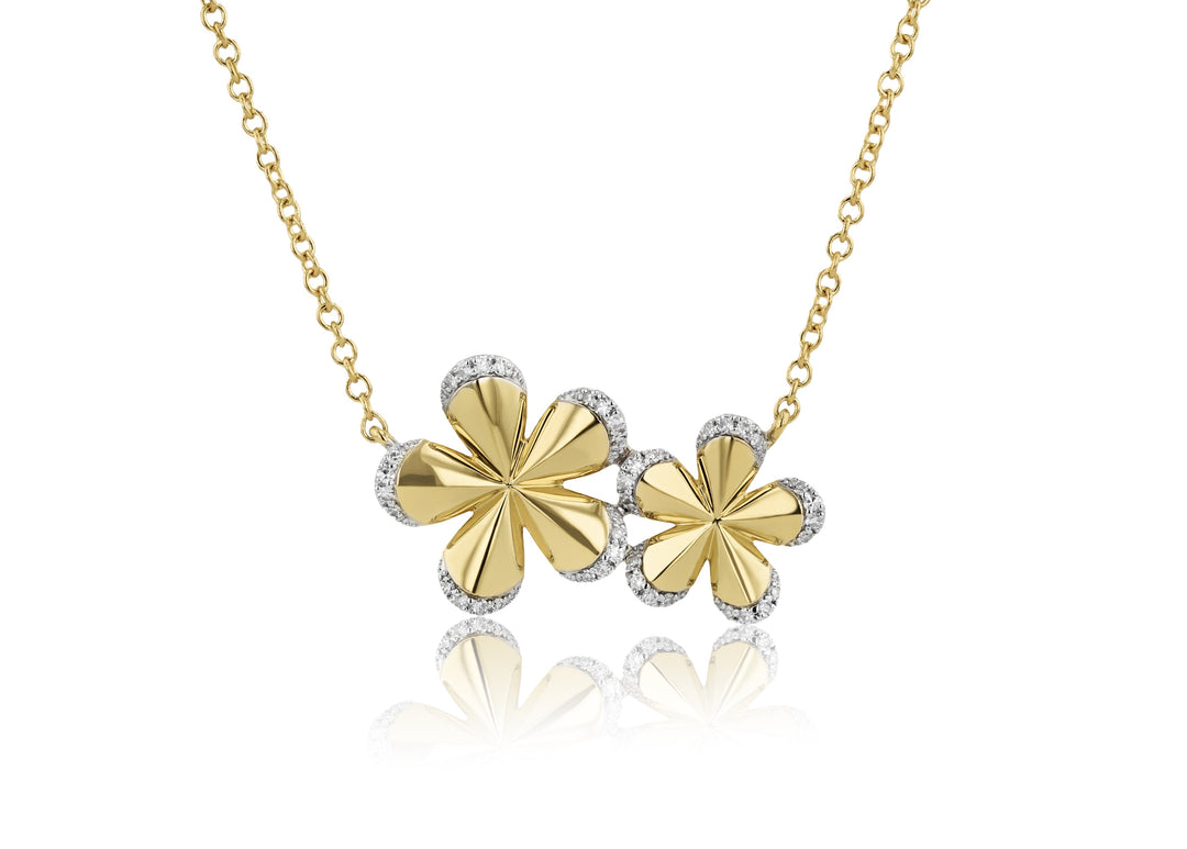 High Polish Yellow Gold & Diamond Petal Pave Edge Forget-Me-Not Double Necklace: 40 Diamonds; 0.18tcw