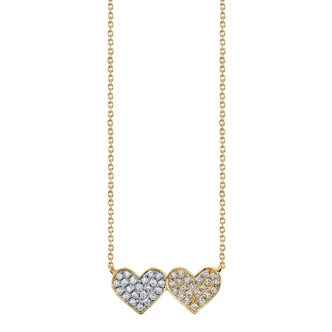 14K YELLOW GOLD MEDIUM DOUBLE HEART NECKLACE ON 18" LIGHT TIFFANY CHAIN